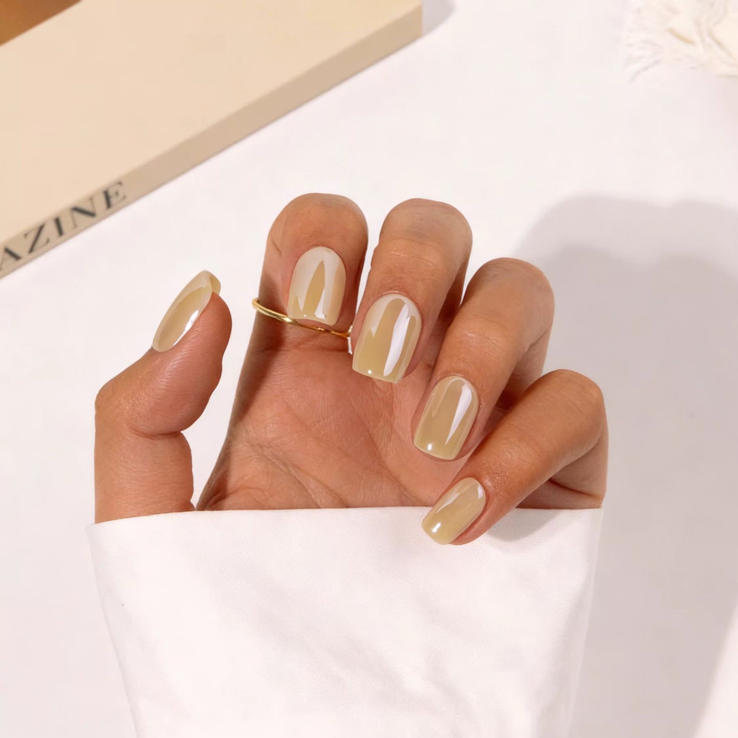 Classic Latte Square press-on nails on hands