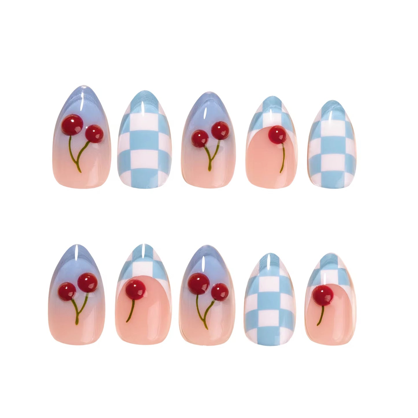 Cherry Checkerboard almond press-on nails