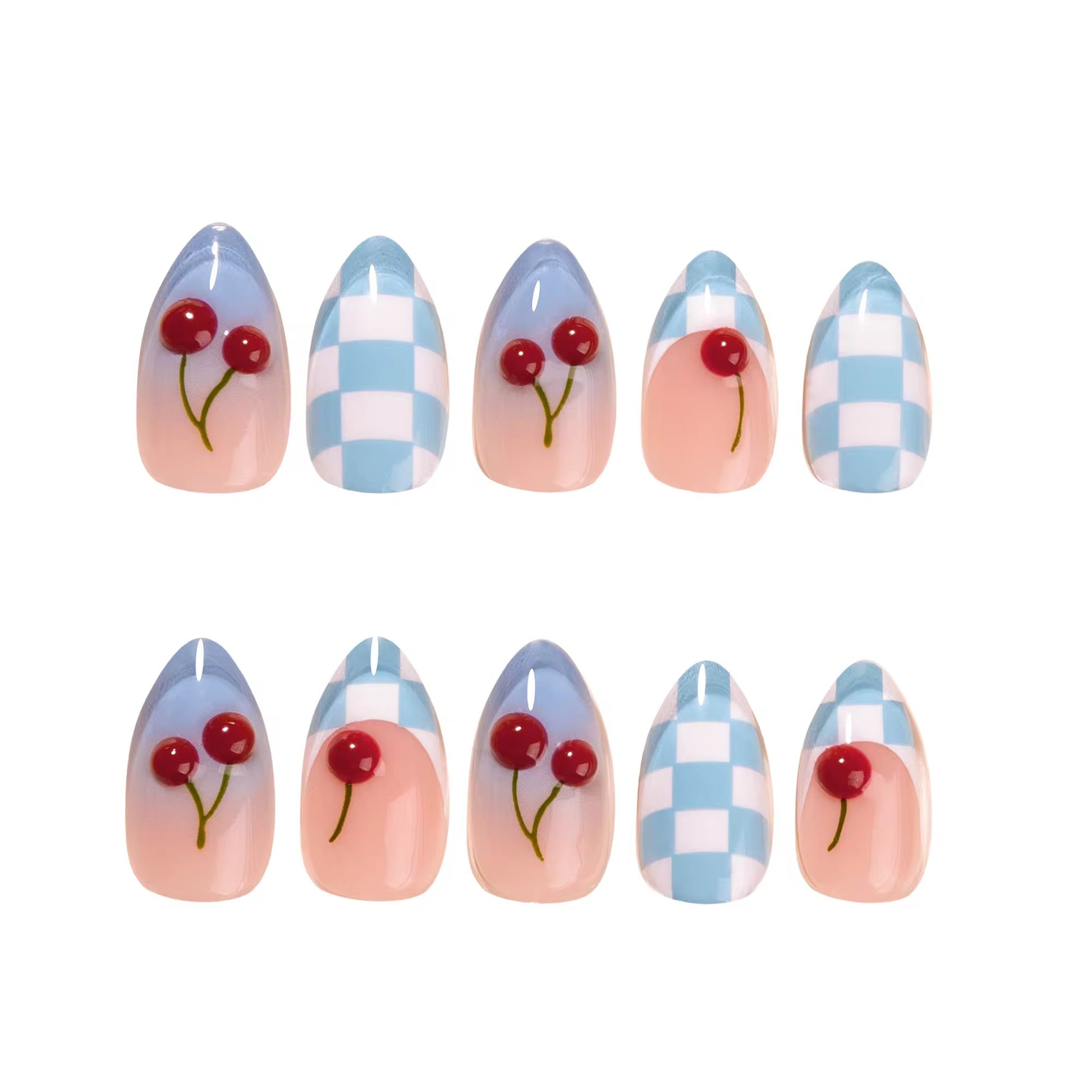 Cherry Checkerboard almond press-on nails