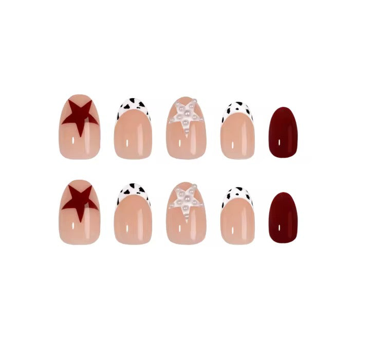 Starry Cow press-on nails set - cow print French tip with pearl star