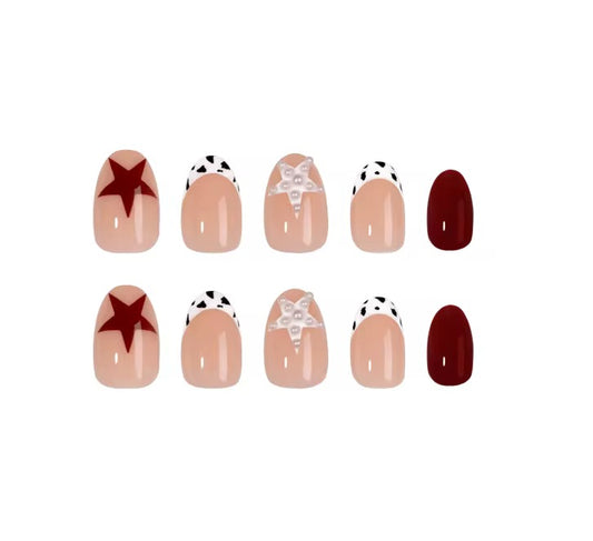 Starry Cow press-on nails set - cow print French tip with pearl star